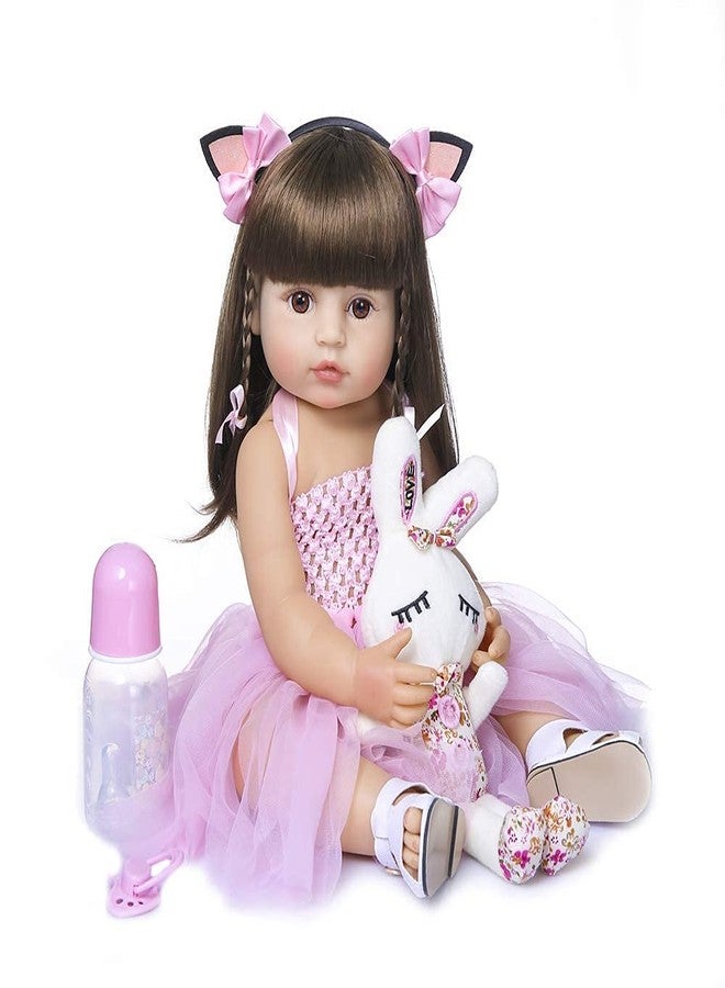 JETRA Baby Reborn Toddler Baby Dolls Silicone Full Body Girl 22 inch Long Hair Anatomically Correct Waterproof Dolls Reborn Pink Dress Birthday Gift Set for Girls Pink Doll - Image 3